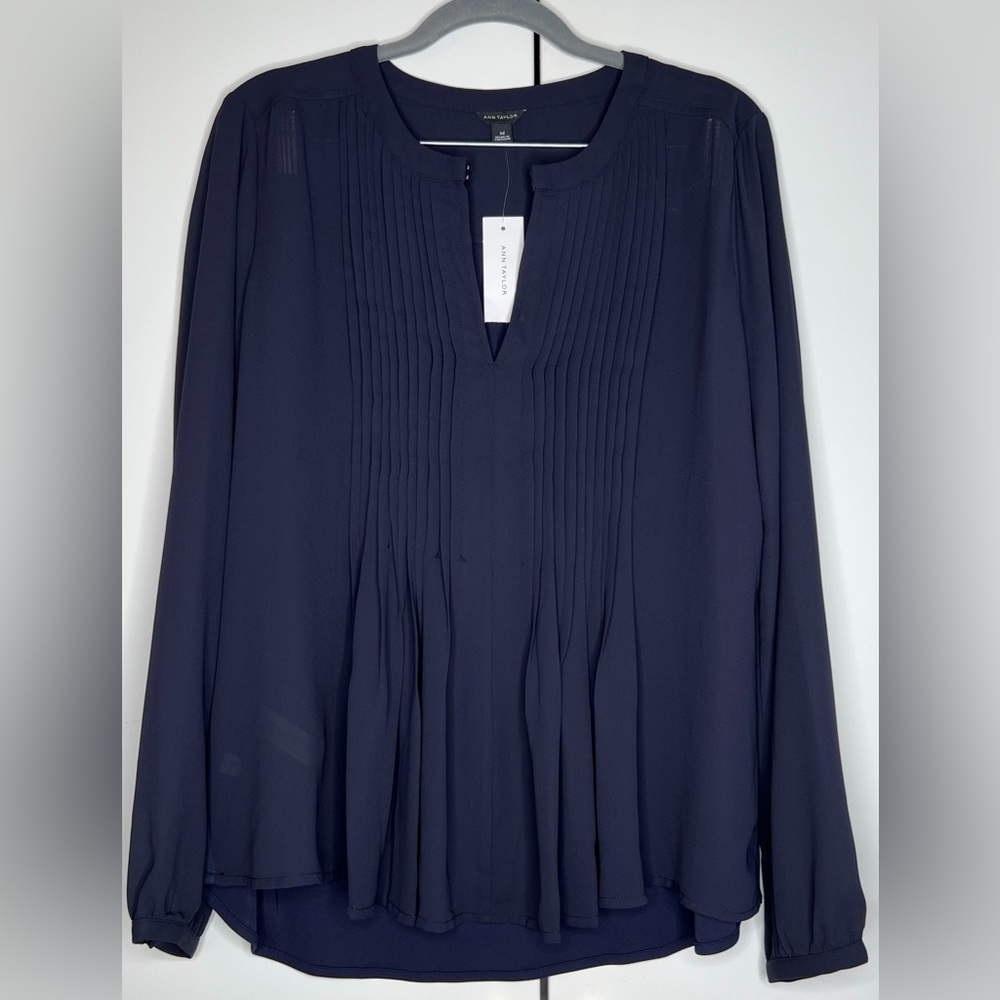 Ann Taylor navy blouse with pintucks